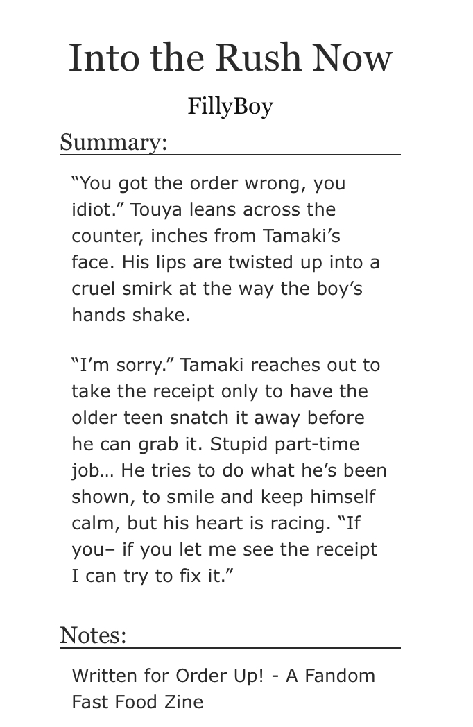 FillyBoy19's tweet photo. 🍔Into the Rush Now
🍔No Ships - Amajiki Tamaki
🍔Written for @FandomFastFood Zine
🍔https://t.co/gvfgKH1iVb

“You got the order wrong, you idiot.” Touya leans across the counter, inches from Tamaki’s face. https://t.co/6SxYfufIuH