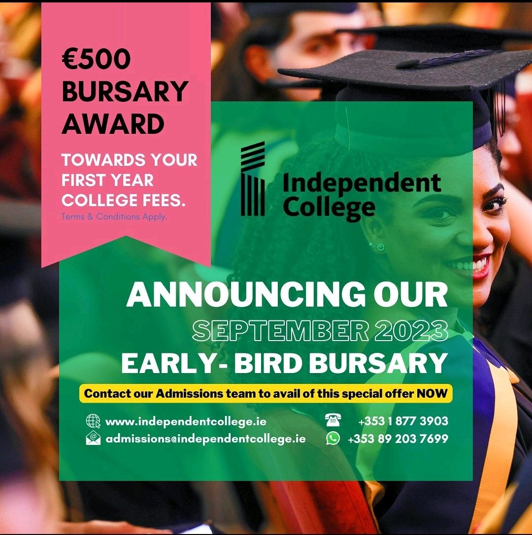 📣 Announcing our 2023 Early-Bird Bursary of €500📣 for early applications to our degree-level programmes September intake. 

To avail of this offer 👉 
📧 admissions@independentcollege.ie
🌐 independentcollege.ie/courses/
☎️ +353 1 877 3903
📱 +353 89 203 7699

T&Cs apply