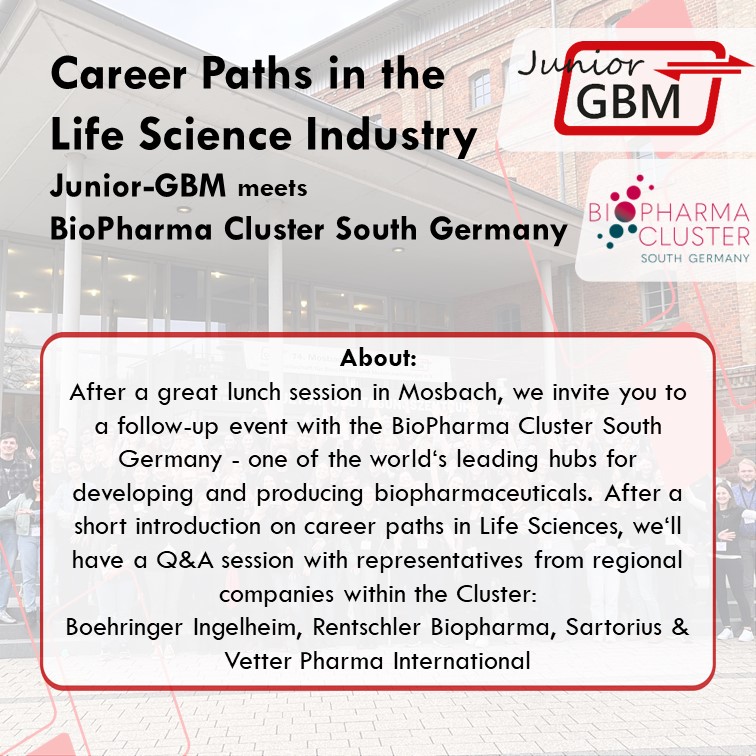 BioPharmaCL_GER's tweet photo. The #digital successor of the successful lunch session about #career paths in the life sciences at the @GBM_eV Mosbacher Kolloqium in March earlier this year (https://t.co/wH77mgK0lN) will take place Thursday, next week 🎉
#GBM #JuniorGBM #BPCluster #Science #careeropportunities https://t.co/u0OGLHsZwU
