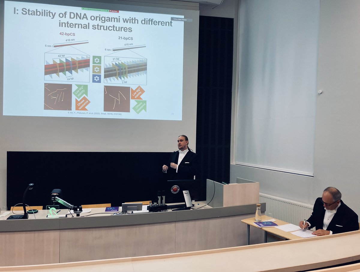MSc Petteri Piskunen defending his thesis right now at <a href="/AaltoUniversity/">Aalto University</a>! The opponent is one of the leading figures of #DNA #nanotechnology, Prof. <a href="/PhilipTinnefeld/">Philip Tinnefeld</a> from <a href="/LabTinnefeld/">Tinnefeld Lab</a>! @AaltoResearch