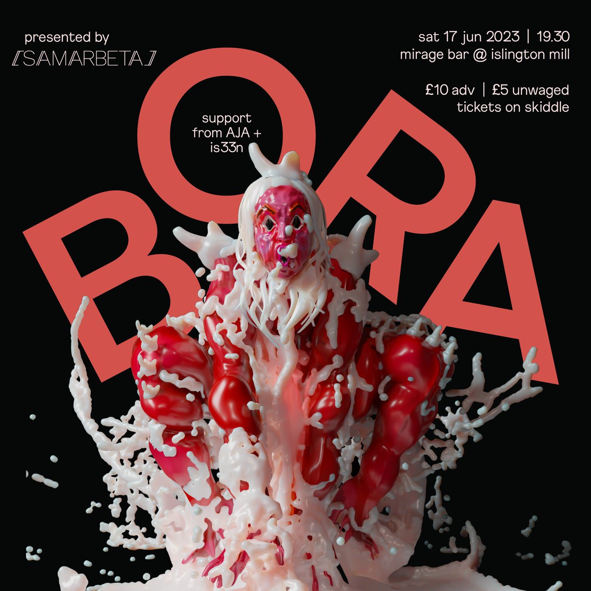 On Sunday 17th June, <a href="/SamarbetaMR/">Samarbeta</a>’s artist in residence, BORA, will be performing their residency work live at Islington Mill. Expect transcendent noise making and visuals, with support from AJA +
<a href="/i_s33n/">is33n</a>. 

Tickets £10 adv. / £5 unwaged option: samarbeta.org/sbr019-bora-li…