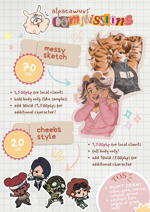 rts appreciated ✨  HELLO im opening my comms again for this month! (5 slots for messy sketch and 5 more for cheebs) please dm me if you want to save a slot or if you have any questions 🌸