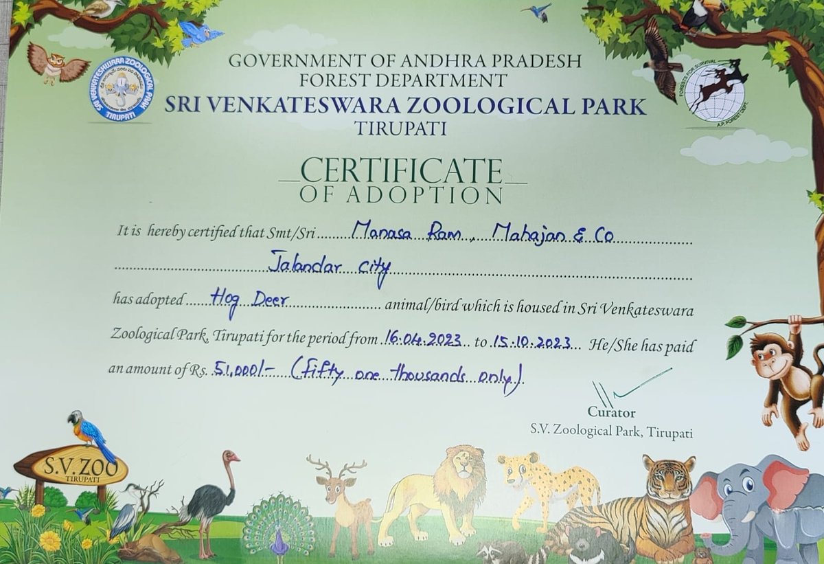 Manasa Ram from Jalandhar has showed love towards animals by adopting Hog Deer for six months with an amount of Rs.51,000/- in S V Zoological Park, Tirupati. #Adoption