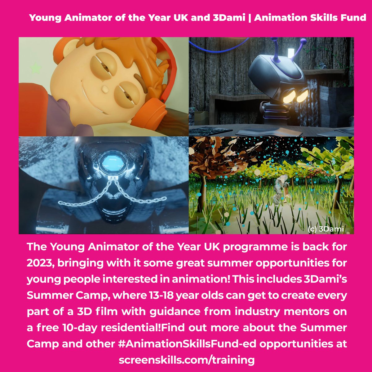 🎨@younganimatoruk is back for 2023, bringing with it some great opportunities, like <a href="/3Dami/">3Dami</a>'s  Summer Camp where 13-18y/os can create their own #3Dfilm with industry mentors on a free 10-day residential course! Find out more here: bit.ly/3oOq6eR#Animat… #animation