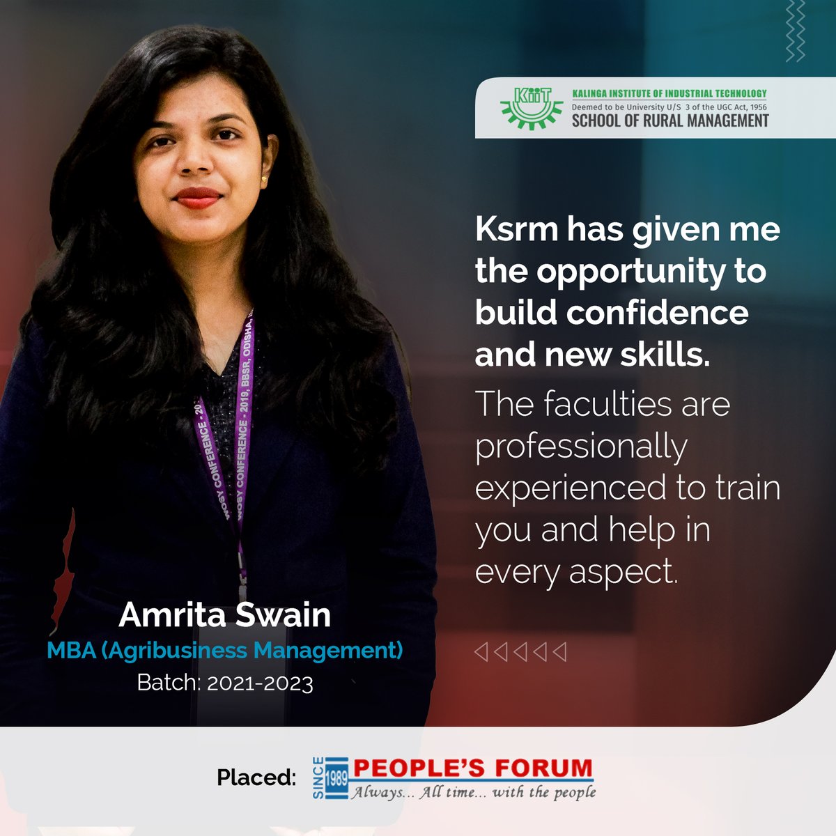 Through different measures, KSRM has continually strived to provide opportunities for academics and business to interact.

We extend our congratulations to Amrita Swain on her new role at People's Forum.

#ksrmbbsr #AgriBusinessManagement #RuralManagement #MBA #placement