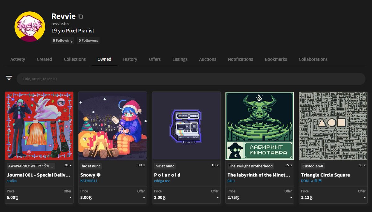 Ayyy, I'm a tez fam too rn 😎

Just collected sum of my faves by <a href="/_stulka/">✧ STULKA ✧</a> <a href="/KATMIIB11_NFT/">KATMIiB11</a> <a href="/eddgaart/">EDDGAᴬʳᵗ ⛲️</a> and  <a href="/94L1_/">94L1</a> shill me some more! 🔥

The last one is by <a href="/theHome113/">DOM 🍃</a> it was a gift from him, Thank youuu!😊🫂💖