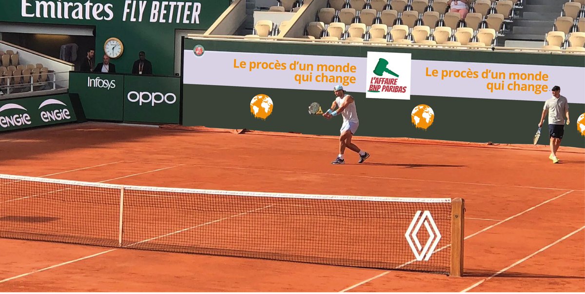 AffaireBNP's tweet photo. Merci @rolandgarros 🎾de prendre conscience de l'impact du financement des énergies fossiles par @BNPParibas sur le #climat !! 
Ce qui se cache derrière le sponsoring de la banque : 
👉https://t.co/EgSnjnJ7UN👈 
#AffaireBNP #RolandGarros #Djokovic #Alcaraz https://t.co/I31FeU15sY
