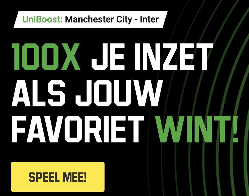BestBetOnTheWeb's tweet photo. Manchester City - Inter Milan

100 x je inzet voor nieuwe spelers bij Unibet als jouw favoriet wint! 

https://t.co/lFCaBxLKKy 

Maximale inzet €1,00

Maximale winst €100,00

#ManchesterCity 

#InterMilan

#ManCity

#Inter 

#UCL #UCLfinal https://t.co/J60TaWZKYc