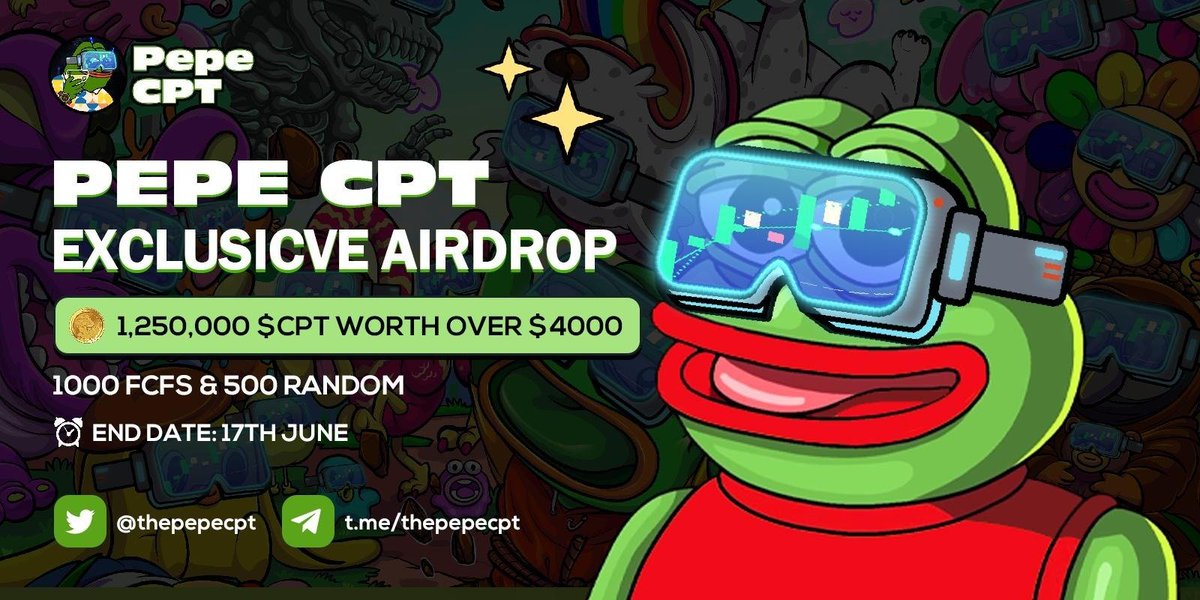 NFT Venture || Web 3.0 🧭 (@nftventurepro) on Twitter photo 🥳 Pepe CPT X Nftventure #Airdrop
🏆Rewards » 1250000 CPT (4000$)
Winners🏆
Top 10
First 1000
Random 500
✅ Follow @thepepecpt& <a href="/NFTVenturePro/">NFT Venture || Web 3.0 🧭</a>
✅ Like, RT & Tag 3 Friends
✅ Complete -gleam.io/pseJO/pepe-cpt…
⏰17th June
#Aiemoji #Airdrops #Crypto #Arb #memecoins #BSC #GA 🥳 Pepe CPT X Nftventure #Airdrop
🏆Rewards » 1250000 CPT (4000$)
Winners🏆
Top 10
First 1000
Random 500
✅ Follow @thepepecpt& <a href="/NFTVenturePro/">NFT Venture || Web 3.0 🧭</a>
✅ Like, RT & Tag 3 Friends
✅ Complete -gleam.io/pseJO/pepe-cpt…
⏰17th June
#Aiemoji #Airdrops #Crypto #Arb #memecoins #BSC #GA