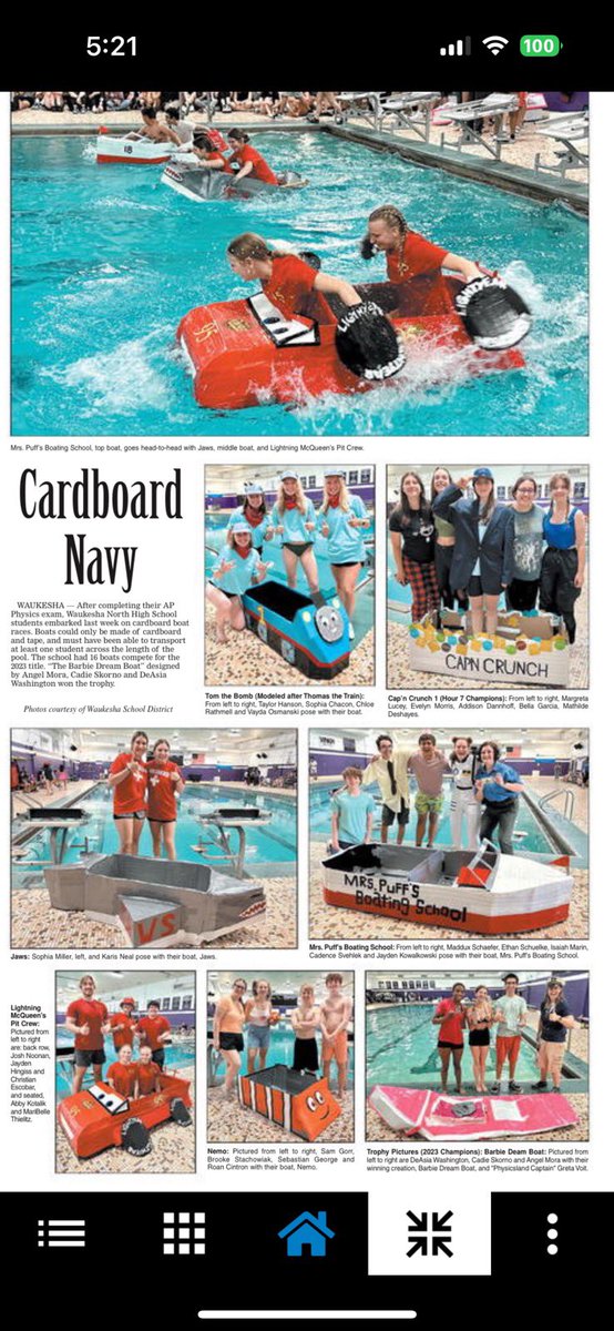 🛶 <a href="/WaukeshaNorth1/">Waukesha North HS</a>’s AP Physics Boat Races made the front page of today’s <a href="/WaukeshaFreeman/">Waukesha Freeman</a>!!! 🏆 🤩 #PhysicsIsFun #Physicsland #LoveMyJob