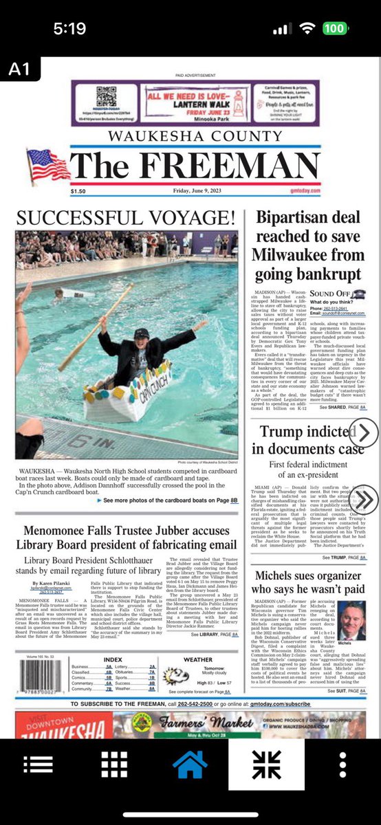 GretaVoit's tweet photo. 🛶 @WaukeshaNorth1’s AP Physics Boat Races made the front page of today’s @WaukeshaFreeman!!! 🏆 🤩 #PhysicsIsFun #Physicsland #LoveMyJob https://t.co/KIR3u357di