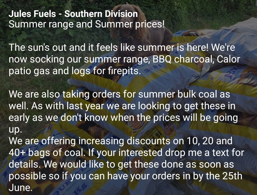 FuelsJules's tweet photo. Summer range and Summer prices! 

As always its best or order ahead, especially for Charcoal and Patio gas as we only keep a limited stock.

To order please text us on:
07927 214205 

Cheers,
Andrew, Bob and Bessie https://t.co/bN9R8IJbhw