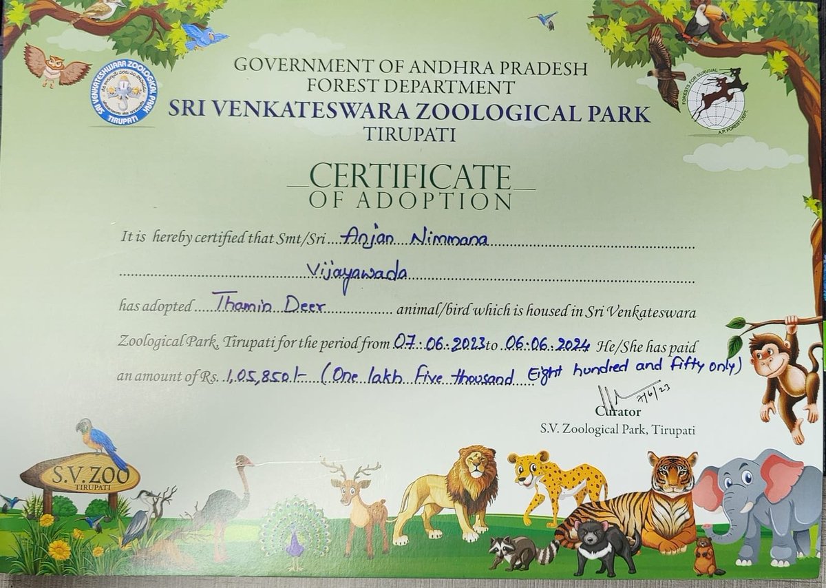 Anjan Nimmana from Vijayawada has showed love towards animals by adopting Thamin Deer for one year with an amount of Rs.1,05,850/- in S V Zoological Park, Tirupati.