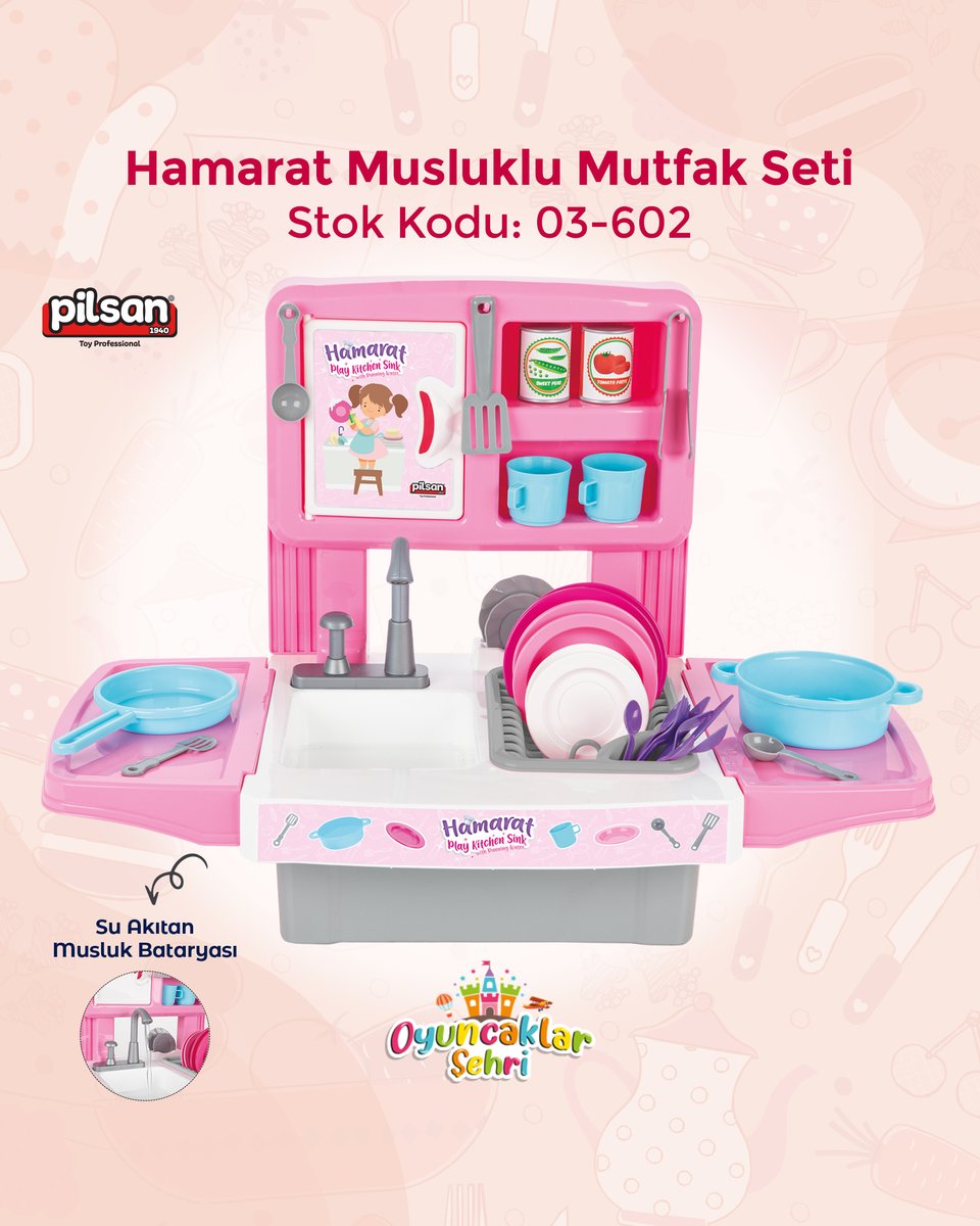 ·Ürün 3+Yaş üzeri çocuklar için uygundur.
·Musluğa basıldığında, alt kısmında bulunan su kabından suyu çeker ve akmasını sağlar. Akan su gider kısmından tekrar su kabına dolar.
oyuncaklarsehri.com.tr/urun/hamarat-m…😍

 #pi̇lsan #oyuncak