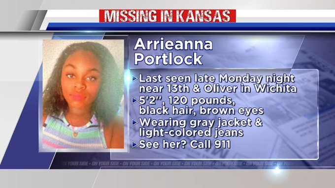 @MissingKids ⚠️Please, RT this urgent 
@MissingInKansas
 for Arrieanna Portlock, 13, last seen late last night in #Wichita. 
@WichitaPolice
 on the lookout, but if you see her, call 911. bit.ly/3OXwStj 

#MissingInKS #KAKEnews 
@TheJusticeDept
 
@netflix
 
@hulu