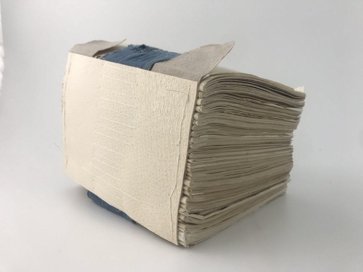 Volume 6 (1926-37) is the behemoth of the JJ Morris collection. 132 pages feature ephemera, leaving the journal lopsided.

This unwieldy textblock needed an extra support of alum-tawed skin sewn to the spine so that the structure can flex freely and securely when handled.