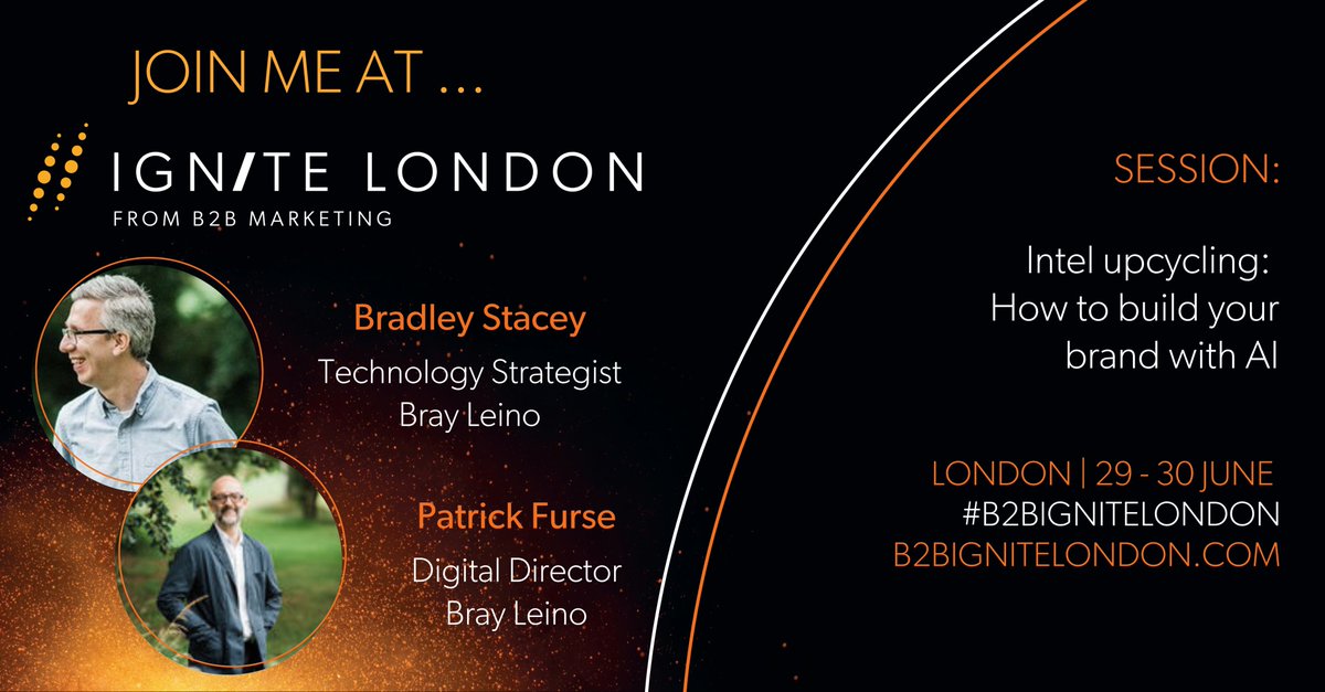 B2B Marketers! In 2 weeks we’ll be back at <a href="/MarketingB2B/">marketingb2b</a> Ignite with two of our leading digital minds- <a href="/patrickfurse/">Patrick Furse</a> &amp; <a href="/BradleyStacey/">Bradley Stacey</a> - shedding light on how AI can help build your brand.
#B2BMarketing #B2BIgnite #B2BIgniteLondon #AI #BrandBuilding #B2BBrand #EmergingTech #Data