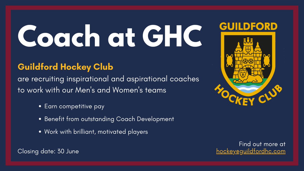 We are hiring #coaches to work with our brilliant adult teams and Director of Hockey <a href="/Danfox450/">Dan Fox</a> 🏑

Get in touch: hockey@guildfordhc.com 📲

<a href="/EHSoutheast/">EH SouthEast</a> <a href="/EHSouth/">England Hockey South</a> <a href="/SE_HockeyUK/">South East Hockey</a> <a href="/hockeyforlondon/">London Hockey</a> <a href="/SouthCentralHo2/">South Central Hockey</a> #hockey #coaching #recruitment

Please RT 🙌