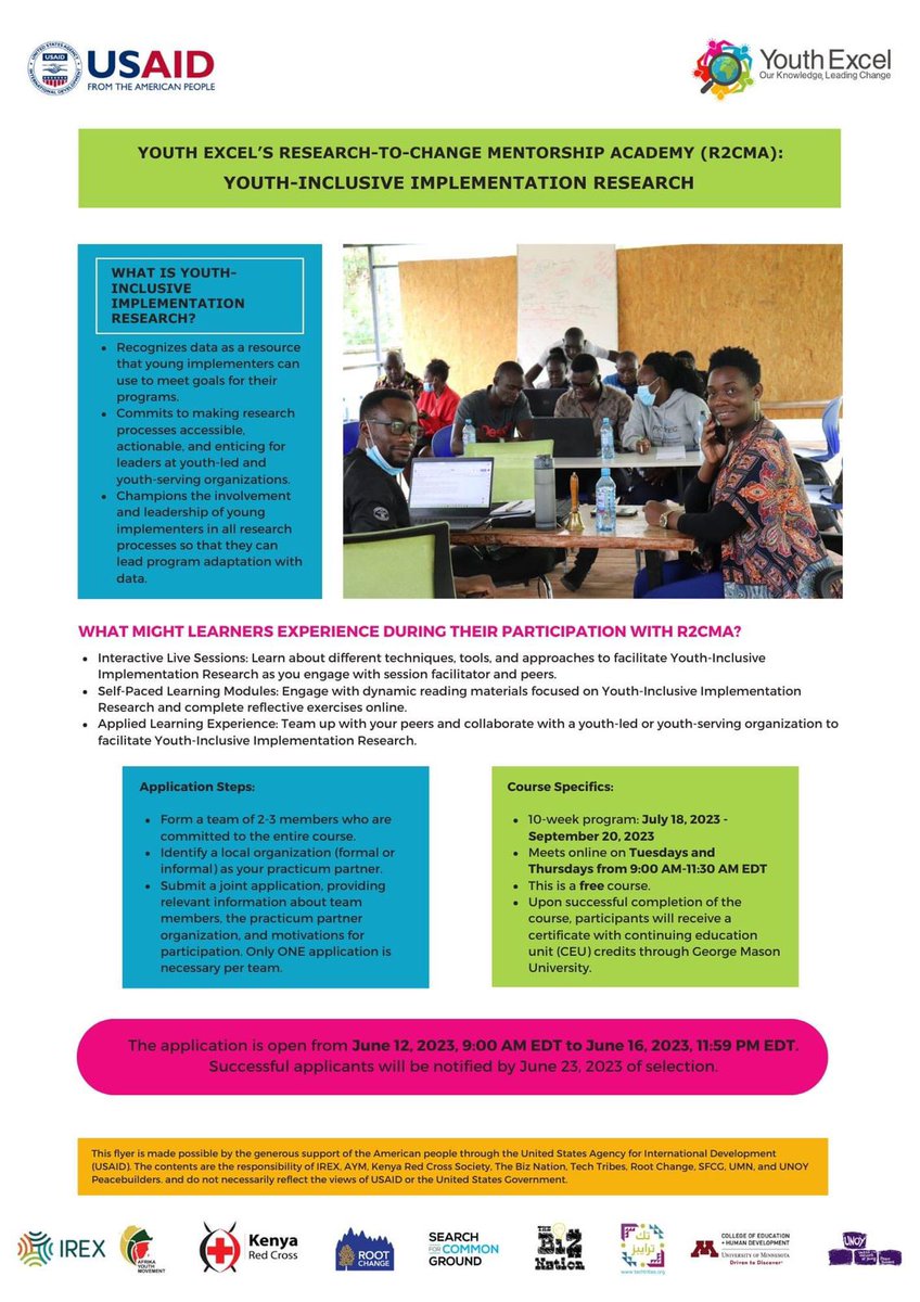 RedCrossYouthKE's tweet image. #YouthExcel is looking for #young early career #evaluators passionate about collaborating with young implementers to leverage #data for decision-making to join the newly launched Mentorship Academy!  Register by 16/06/23 bit.ly/3WSdekD  #ResearchtoChange #R2CMA