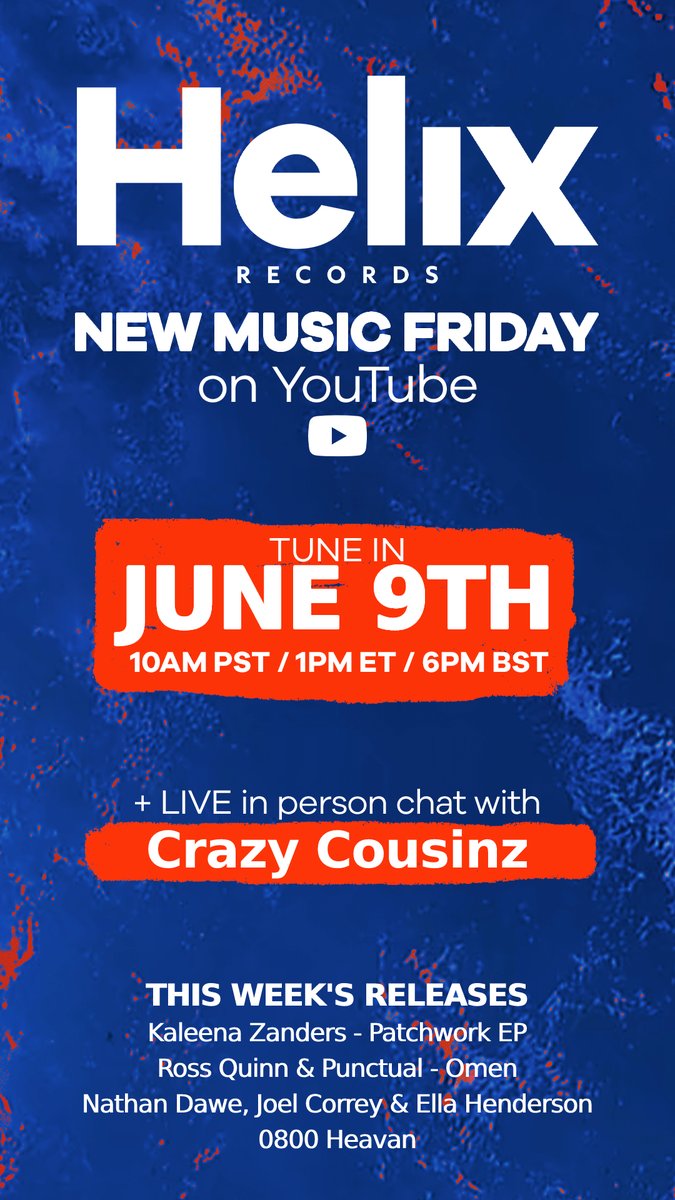 🪩 <a href="/helixrecs/">Helix Records</a> New Music Friday w/ Special Guest <a href="/CrazyCousinz_/">Crazy Cousinz</a> 🪩

Join us on Youtube later today to go through our latest releases and music news 

+ LIVE and in-person interview with Crazy Cousinz who's track 'Do You Mind' was sampled by <a href="/Drake/">Drizzy</a> for the #1 hit 'One Dance'