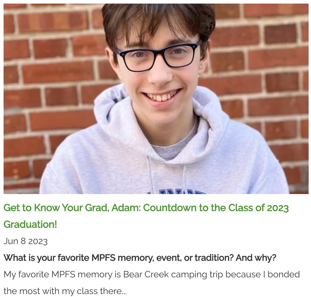 mpfs's tweet image. Today is the day! It's time for our FINAL Get to Know Your Grad Q&amp;amp;A with our friend, Adam! Visit mpfs.org/news to view this interview and the eleven other interviews with our Class of 2023 graduates. #mpfsquakered #thisisquakered
