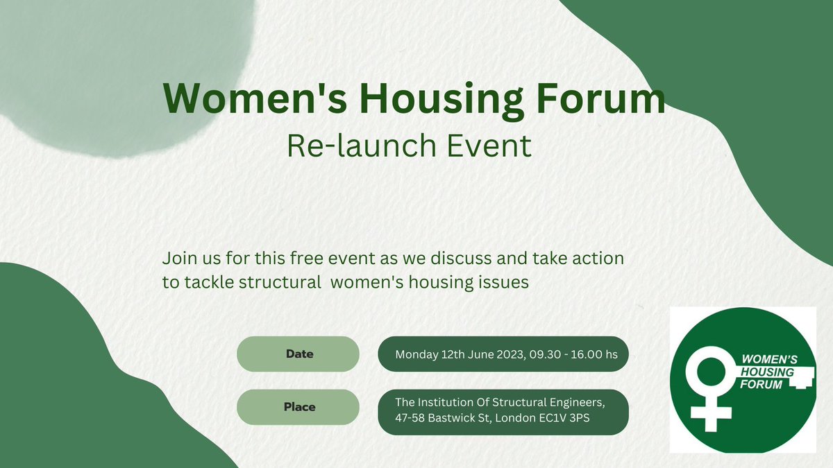 Last few days to register for the WHF re-launch event!  

🗓️Monday 12 June at 9.30 am 
➡️Register surveymonkey.co.uk/r/ZP2DF76

Join us in a series of workshops to explore the practical steps social housing providers and policymakers can take to help better meet women's needs.