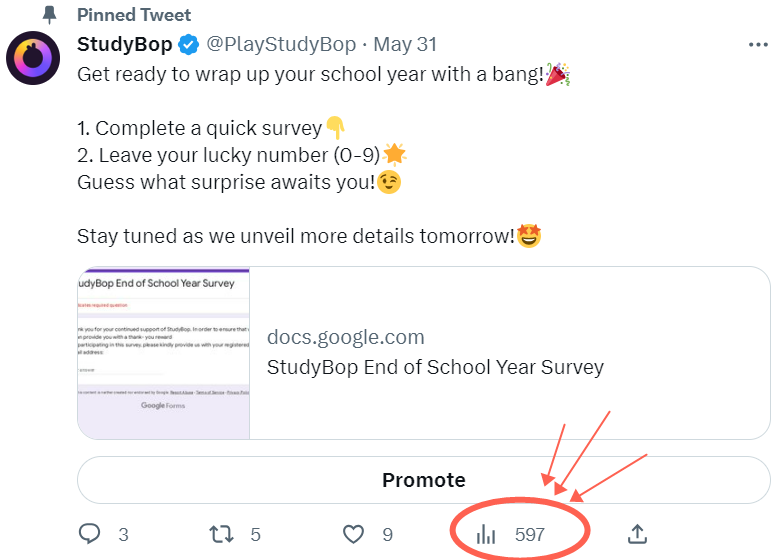 PlayStudyBop's tweet photo. 🏆Winning Numbers Revealed: 5, 9, 7

🎁Exclusive Prizes Await:
7 → $5 Amazon Card!
5, 9 → Six-Month VIP Membership!

⏰Today is the last chance to participate in our thanksgiving feedback and win an Amazon card.

Complete the survey now and leave your lucky number.
#EOY