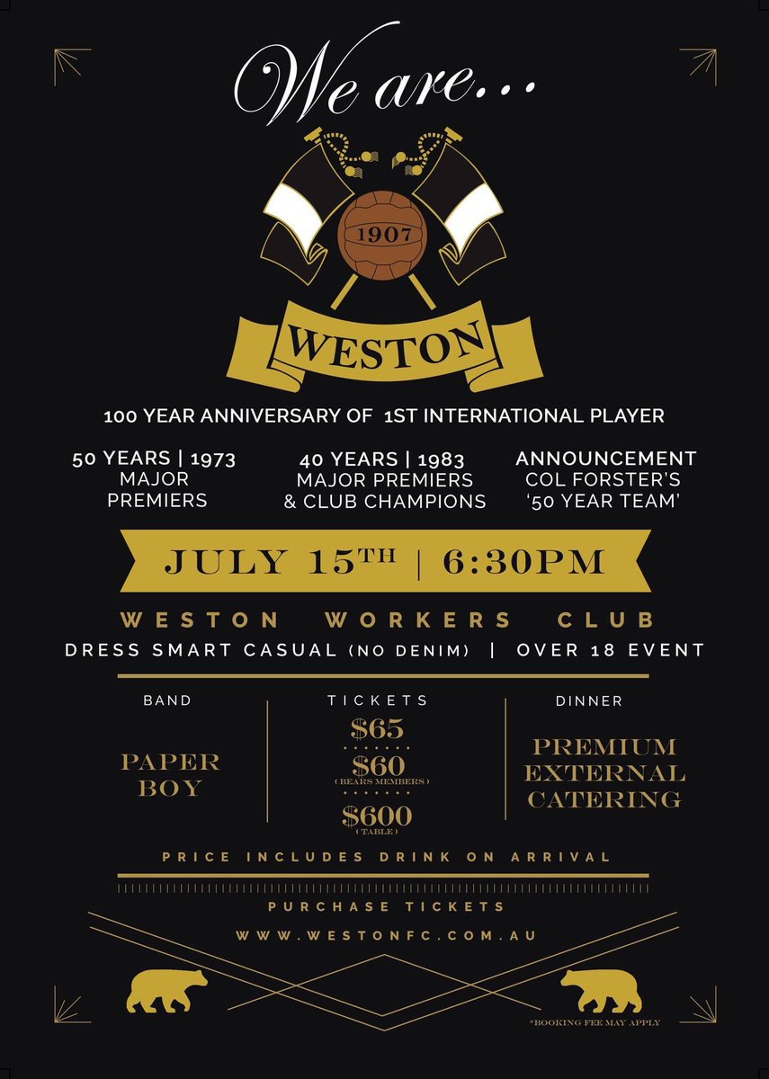 ‘We are Weston’ will see us celebrate the 1973 &amp; 1983 teams as well as recognising Col Forster’s 50 years’ of service to the club. 
Tickets are now superb value &amp; now on sale. They can be purchased online by following the link bit.ly/44cV93E