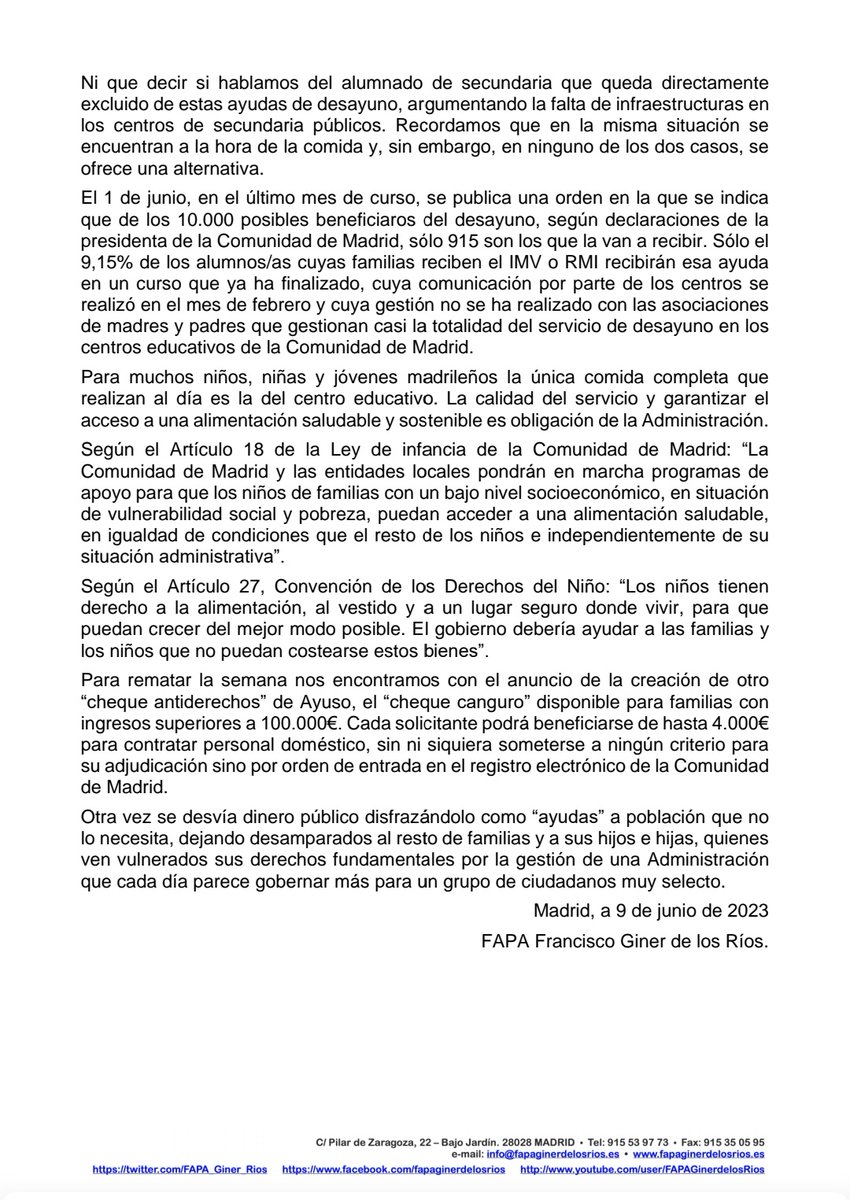 FAPA_Giner_Rios's tweet photo. 📣La Comunidad de Madrid no garantiza el cumplimiento de los derechos de los niños, niñas y jóvenes madrileños en situación vulnerable

1️⃣Comedor escolar
Subida de precios y "becas"

2️⃣Desayunos concesión directa a IMV y RMI⁉️

3️⃣"Cheques antiderechos"

👇🏻
https://t.co/azG296NKmX https://t.co/SykfN3C906