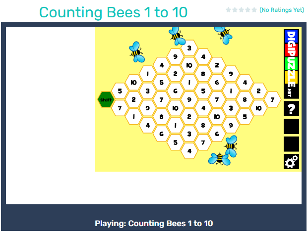 I4C: Counting Bees 1 to 10. Click on the number from the start to make a path in the comb with the correct bee-counting results. i4c.xyz/y7zbtlj6 #edchat #prekchat #kchat #kinderchat #elemmathchat