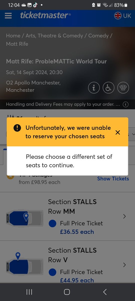 Maywee73's tweet photo. Why can I not purchase 2 tickets for @mattrife @TicketmasterUK ? Every option I chose this bloody message comes up. Somebody help please. https://t.co/Fbo5mUKwiM