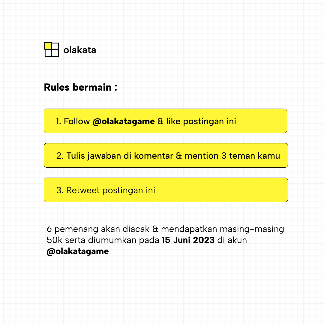 Ayo temukan nama buah yang tersembunyi &amp; dapatkan 300k utk 6 pemenang✨

📌Ketentuan:

1. Ikuti rules bermain di gambar ke 2
2. Tidak boleh spam comment

Temukan kata dan menangkan hadiahnya 🙌

#Olakata #TekaChallenge #InfoKuis #Kuis #GiveawayIndonesia #InfoGiveaway