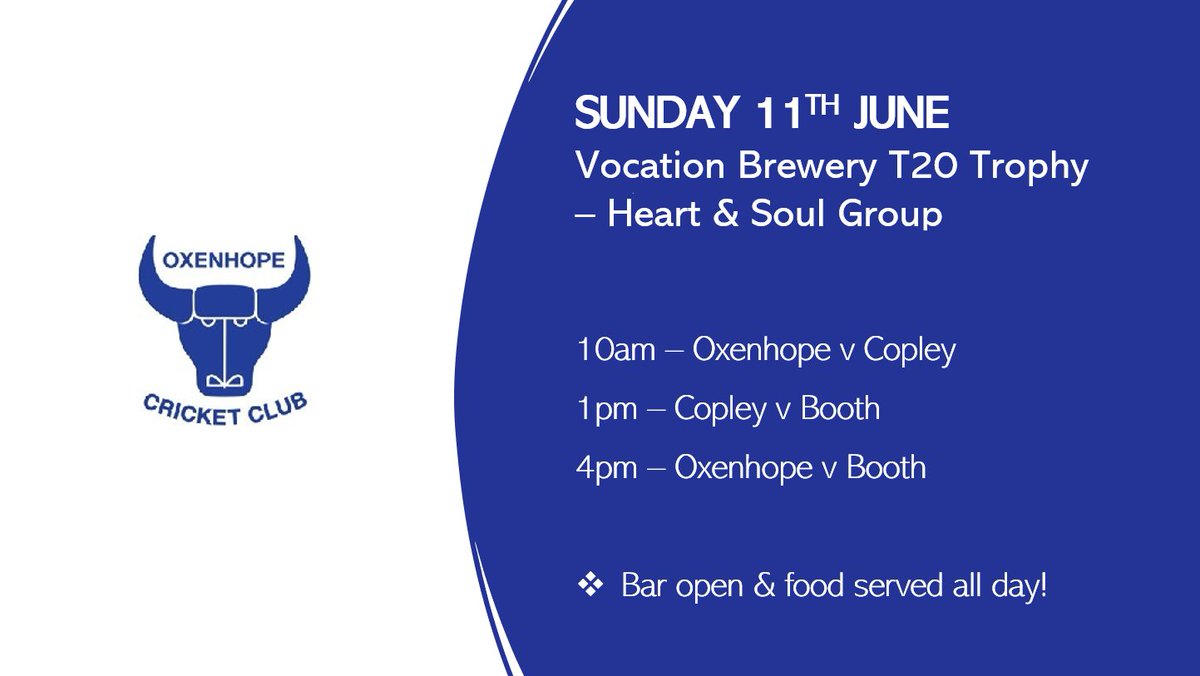 This Sunday sees us host the Heart &amp; Soul Group of the Vocation Brewery T20 Trophy between ourselves, Copley CC &amp; Booth Cricket Club.

There will be 3 games played throughout the day, with the winner of the group progressing to Finals Day.

All support welcome!