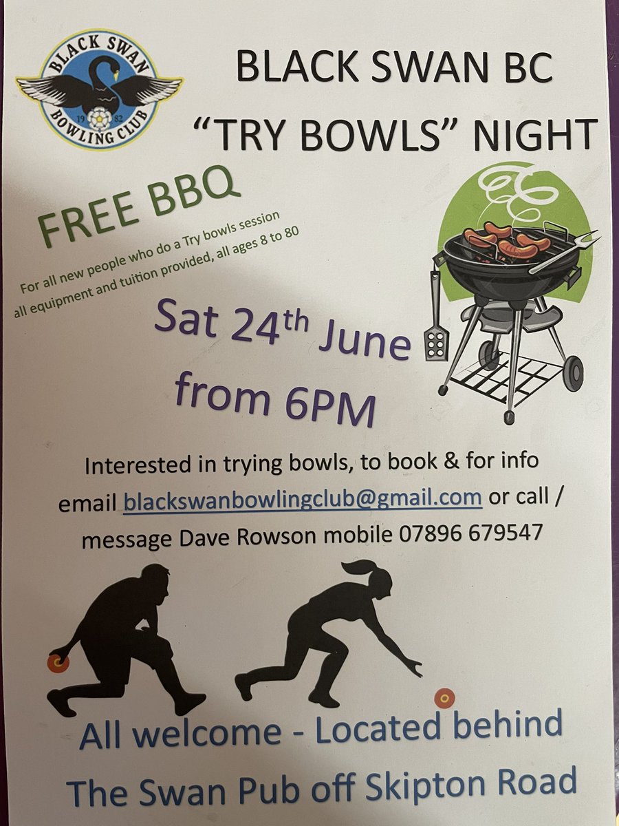 Try bowls at Black Swan bbq Harrogate, social night Saturday 24th June from 6pm. People booking a try bowls session get the bbq free.

All ages welcome, all equipment provided. You just need flat shoes.

Email blackswanbowlingclub@gmail.com to book.