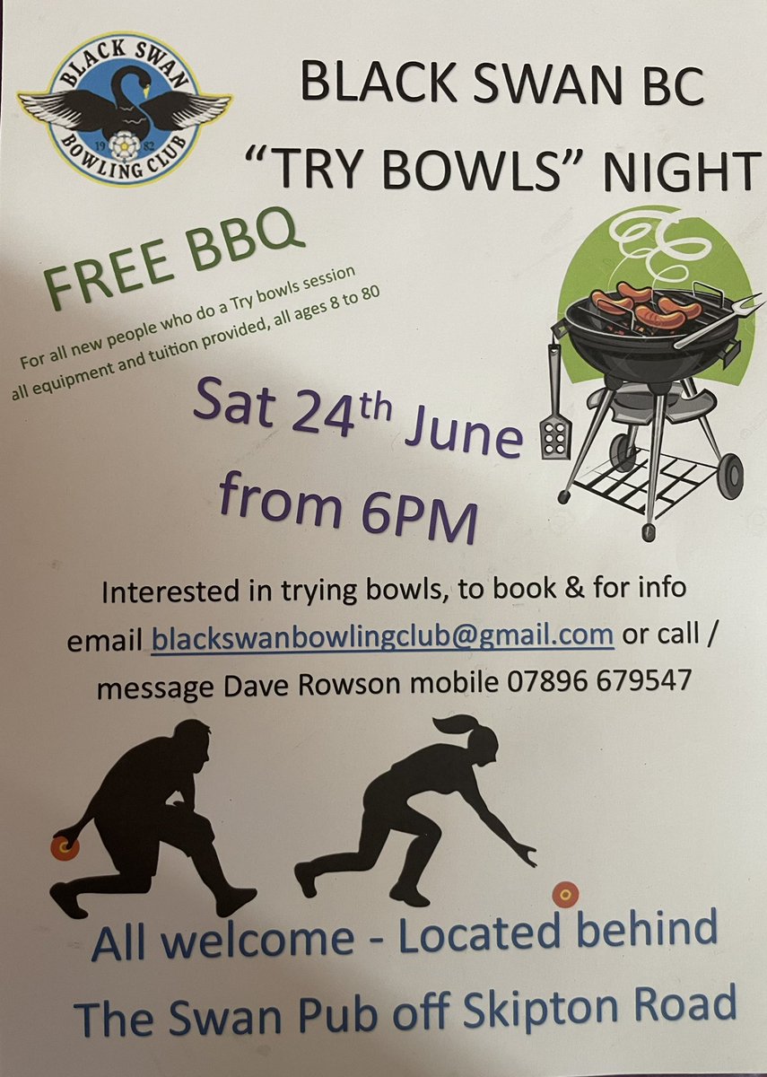 Try bowls at Black Swan bbq Harrogate, social night Saturday 24th June from 6pm. People booking a try bowls session get the bbq free.

All ages welcome, all equipment provided. You just need flat shoes.

Email blackswanbowlingclub@gmail.com to book.