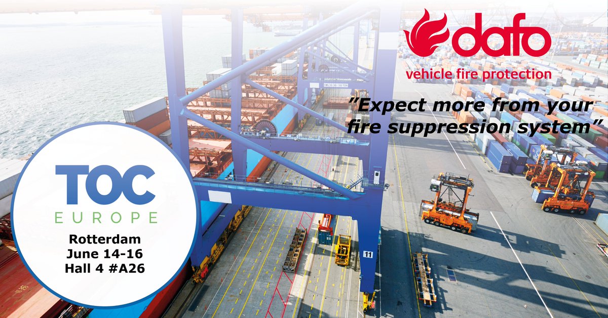 Next week you will find us in Rotterdam attending TOC Europe. The exhibition runs from June 14-16, 2023. Please stop by to see us and find out how you can fire-protect your machinery. #WeAreDafoVehicle #firesuppression #firesafety #TOCEurope2023