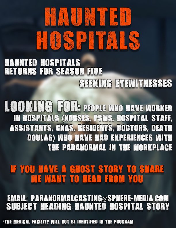 Producer Ashley Comeau is looking for people who work in medical facilities who have had experiences with the paranormal while at work. They are really hoping to highlight stories from the East Coast this year. If interested email paranormalcasting@sphere-media.com.