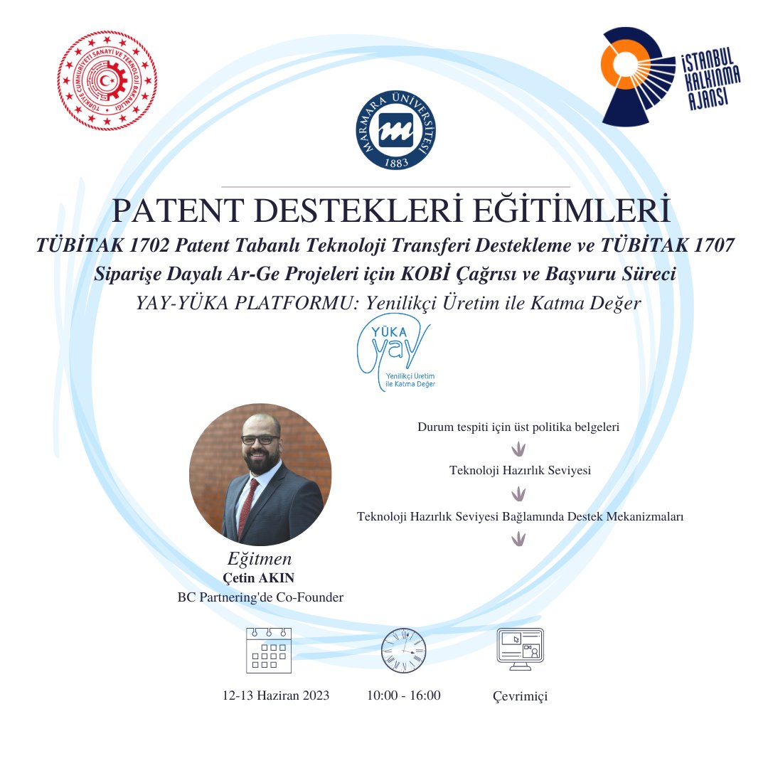 📢 "BC Partnering" kurucu ortağı Sayın Çetin AKIN tarafından verilecek 2 gün olarak planladığımız çevrimiçi PATENT DESTEKLERİ EĞİTİMLERİNİ 12-13 Haziran günlerinde yapıyoruz.

📢 Projemizin Ulusal yaygın etkisini artırmak üzere Türkiye’deki tüm TTO’lara ücretsiz olarak açıyoruz.