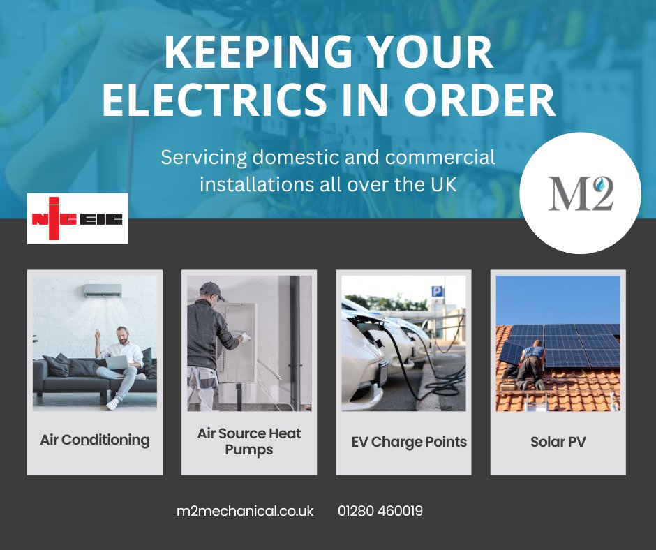 M2Air's tweet photo. Our #electrical dept is working closely with our #renewables team wiring #AirSourceHeatPumps, #SolarPV installations, #AirConditioning supplies &amp; #EV charging points.
As #NICEIC accredited engineers, you always get a thorough #safety check on your #electricalsystems with us! https://t.co/SIfxUn3lTO