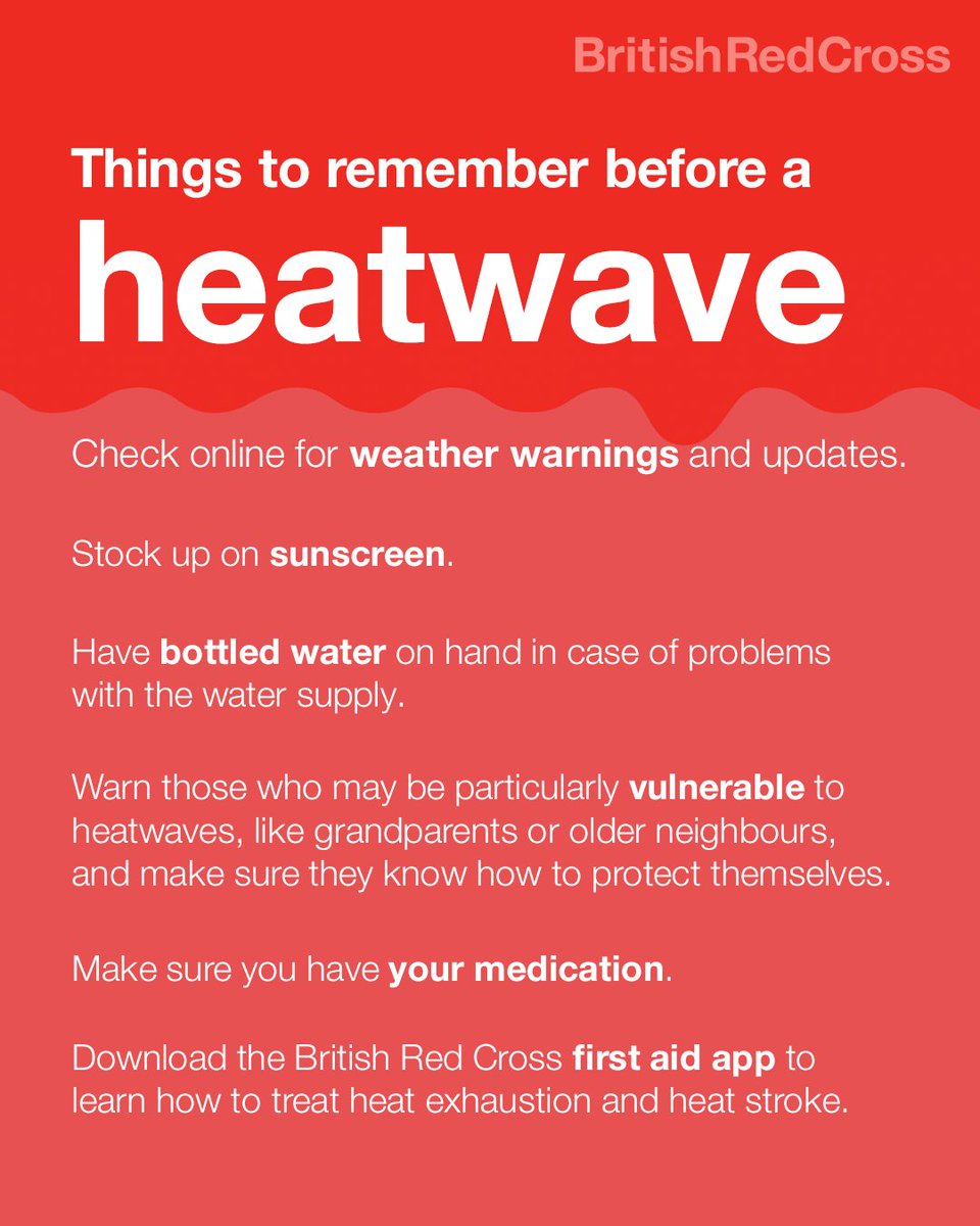 A heat-health alert has been issued for parts of England as temperatures are predicted to hit 30C (86F) over the weekend. 🌡🥵

Follow our advice on how to prepare for hot weather, and share this with others who need to see it.