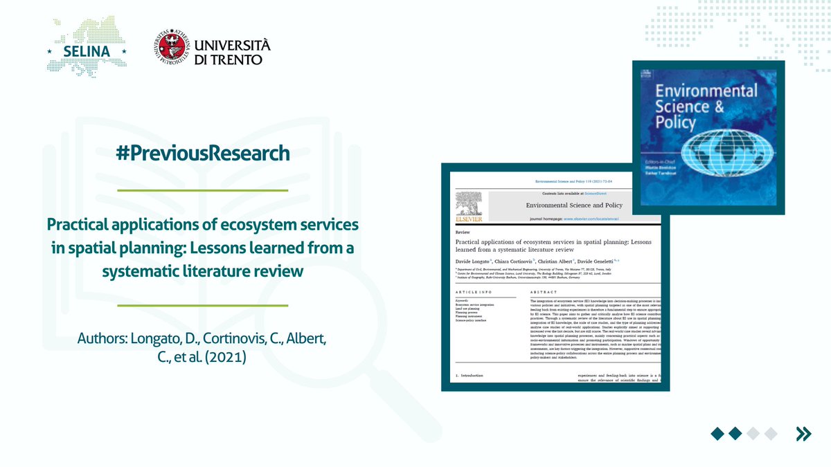 SELINAHorizonEU's tweet photo. 💡 Are you curious about #ecosystemservices and their impact on #urbanplanning and on informing sustainable policy and #decisionmaking?

📖 Dive into @UniTrento #PreviousResearch showcased below and learn about these and more topics.

🔎 #SELINAlibrary 🔗 https://t.co/S151GQ7F5A https://t.co/q0Mchx1XIZ