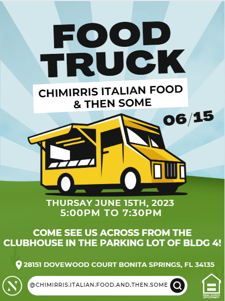 Monterra_Fl's tweet photo. Join us Thursday, June 15th at 5 PM for some delicious food from Chimirri’s Italian Food And Then Some
#LeaveThePansBehind #FoodTruckEvent #BonitaSprings #Monterra #WeLoveOurResidents #LoveWhereYouLive #Community #ResidentEvents #BonitaSpringsApartments #MonterraApartments https://t.co/K7EZL6s3F9