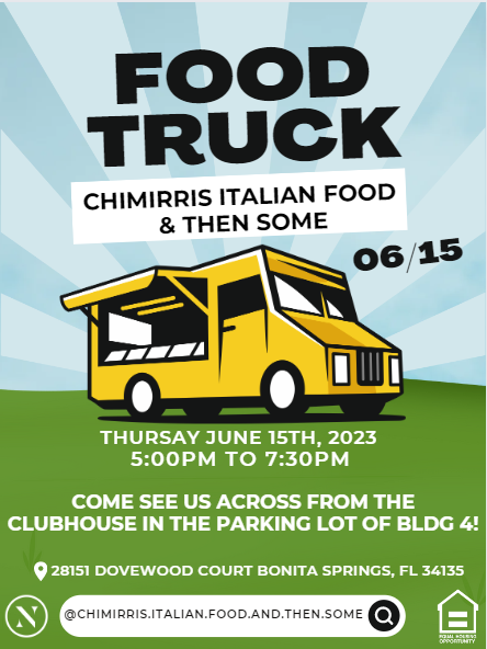 Join us Thursday, June 15th at 5 PM for some delicious food from Chimirri’s Italian Food And Then Some
#LeaveThePansBehind #FoodTruckEvent #BonitaSprings #Monterra #WeLoveOurResidents #LoveWhereYouLive #Community #ResidentEvents #BonitaSpringsApartments #MonterraApartments