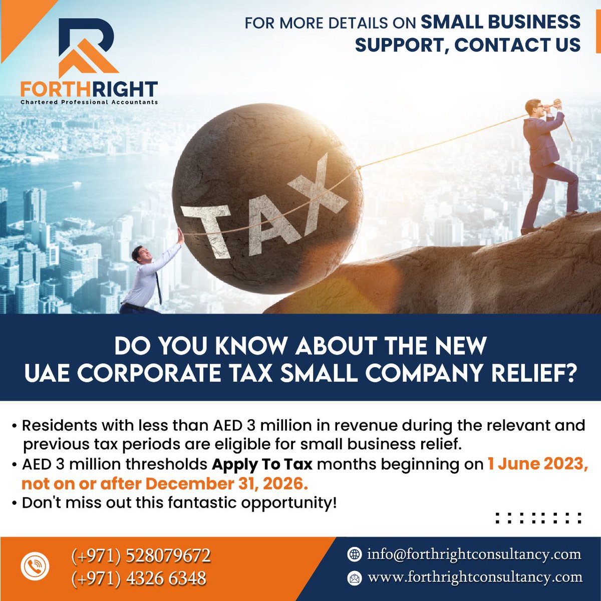 Do You Know About The New UAE Corporate Tax Small Company Relief ?
.
📞Call us now (+971) 43266348, (+971) 52 807 9672
.
#forthrightcompany #forthrightconsultancyinuae #government #corporatetax #uaetax #taxrateupdates #forthrightconsultancy #dubailife #ESRDubai #businesssuccess
