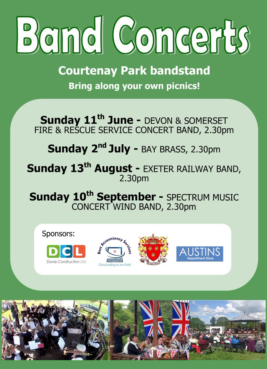 Come along to the band concert this Sunday in Courtenay Park. Music from Devon & Somerset Fire & Rescue band. #newtonabbot #bandconcert #courtenaypark #music #familyfun