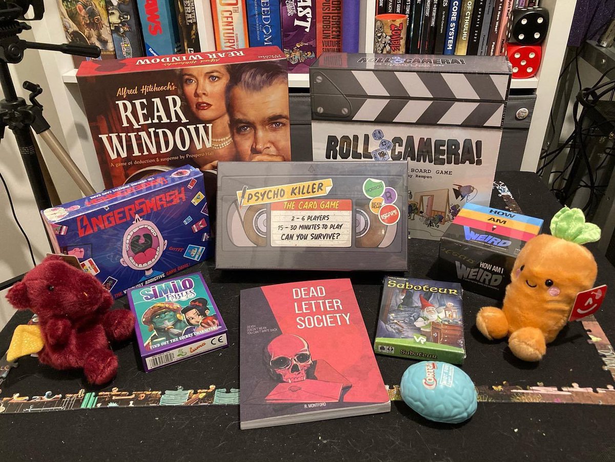 CaleyPowell's tweet photo. 1 week on - what I bought @UKGamesExpo  
@FunkoGames #RearWindow 
Escape Tabletop Games #PsychoKiller 
@HowAmIWeird &amp; #AngerSmash 
@horribleguild #SimiloFables 
Frederic Moyersoen’s #Saboteur
@MontfordTales #DeadLetterSociety 
Keen Bean’s #RollCamera 
&amp; @GenkiGear Carrot&amp;Dragon! https://t.co/cx7pT2aEW7