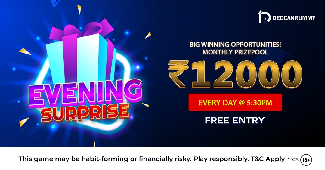 Let the evenings be merrier with Big winnings. Join our Evening Surprise tourney everyday @ 5:30 PM for free and get to win a big chunk from the 12K Prizepool
#deccanrummy #eveningsurprise #OnlineRummy