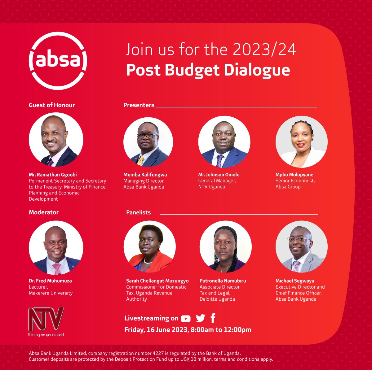 AbsaUganda's tweet photo. Join us next week on Friday 16 June 2023 for our Post Budget Dialogue.

Our expert panel will discuss the 2023/24 budget under the theme of full monetisation of the Uganda Economy through commercial agriculture, industrialisation &amp; expanding markets.  1/2 #AbsaPostBudgetForum https://t.co/Dib3SlO6QV