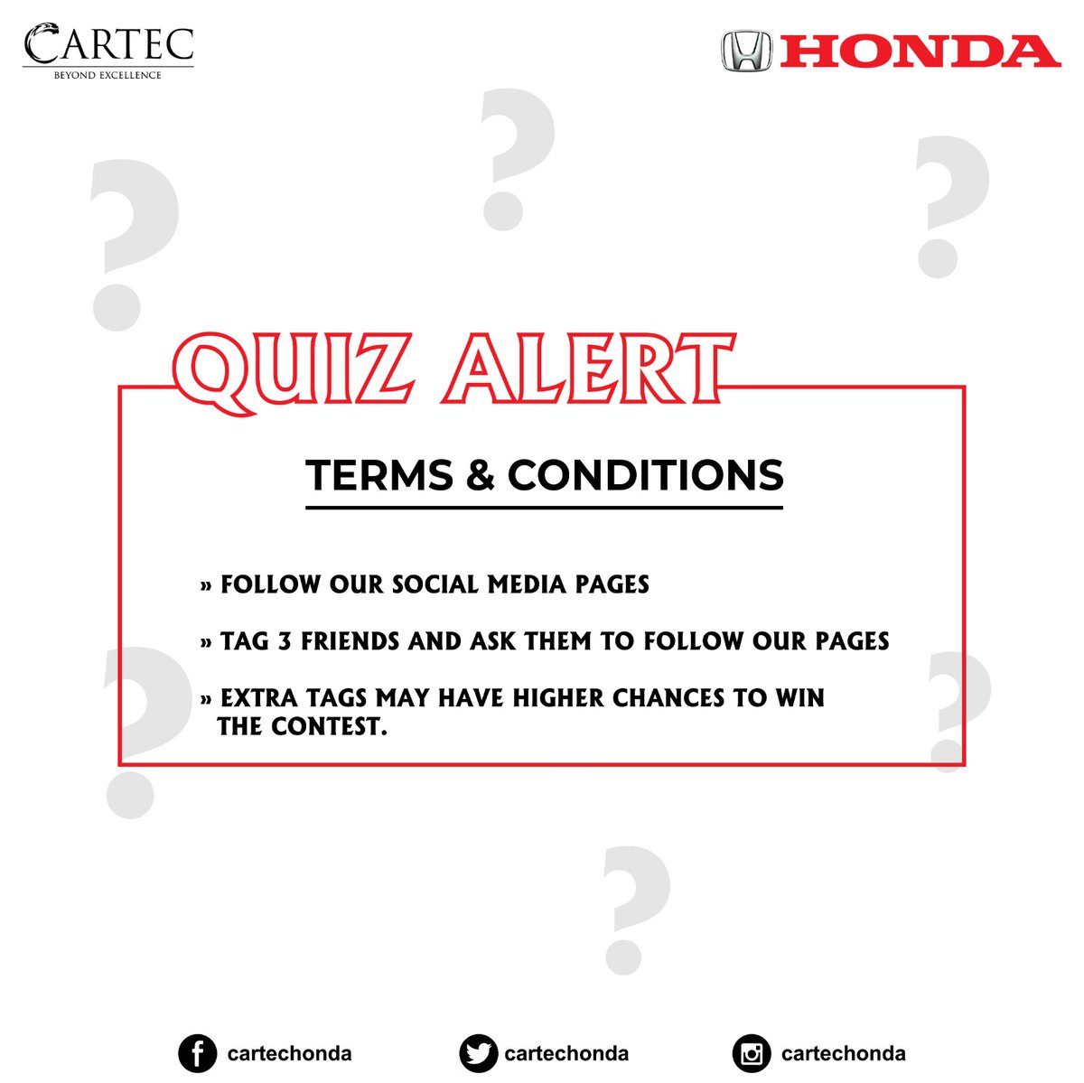 CartecHonda's tweet photo. Participate and prove to us that you are a true Honda fan! Stand a chance to win exciting prizes. Please read the rules of the Quiz contest. Good luck!
#ConceptGroup #BeyondExellence #QuizAlert #Contest #ContestAlert #Giveaway #quiztime #rules #termsandcondition https://t.co/q80XGcZRUb