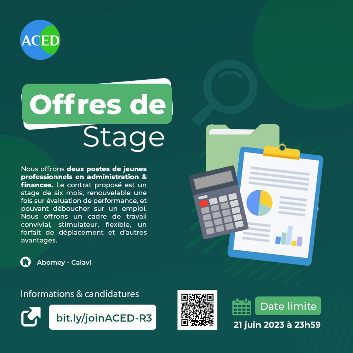 👀 À la recherche de deux jeunes professionnel.le.s en Administration &amp; Finances 📈📒
📍Abomey-Calavi, Bénin 
📅Candidatures jusqu'au 21 juin 2023 à 23h59, GMT + 1
🔗bit.ly/joinACED-R3  
Nous avons hâte de recevoir votre candidature !
#Administration #Finance #Comptabilité